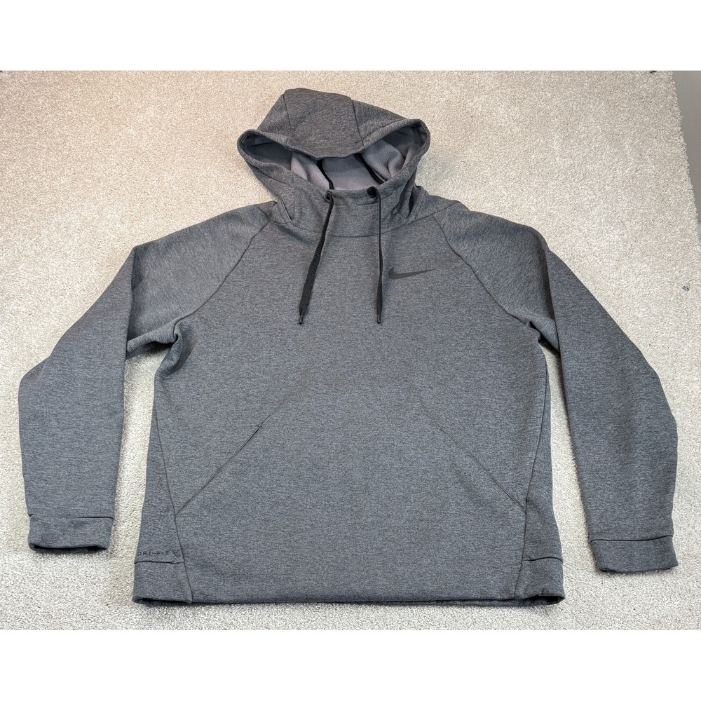 Nike Dri-FIT Pullover Hoodie Gray Hooded Pockets Men's LARGE Swoosh Sweatshirt
